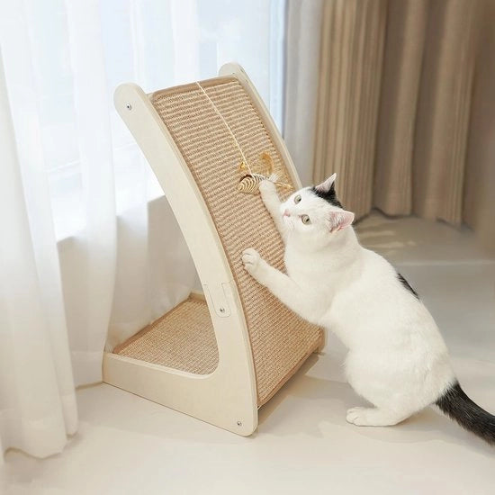 Palo per gatti con piatto in sisal, palo per gatti curvo per gatti di casa, palo per gatti con piatto per gatti con oggetto da giocare per gatti e erba per gatti