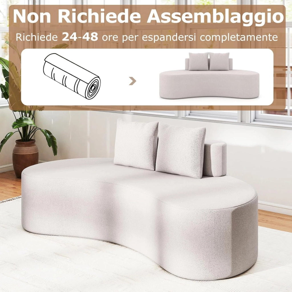 Divano Imbottito Curvo, Divano a Pavimento con 2 Cuscini Accoglienti, Schienale Basso e Seduta in Spugna, Fondo Antiscivolo, Moderno, 199 x 97 x 68 cm (Grigio)