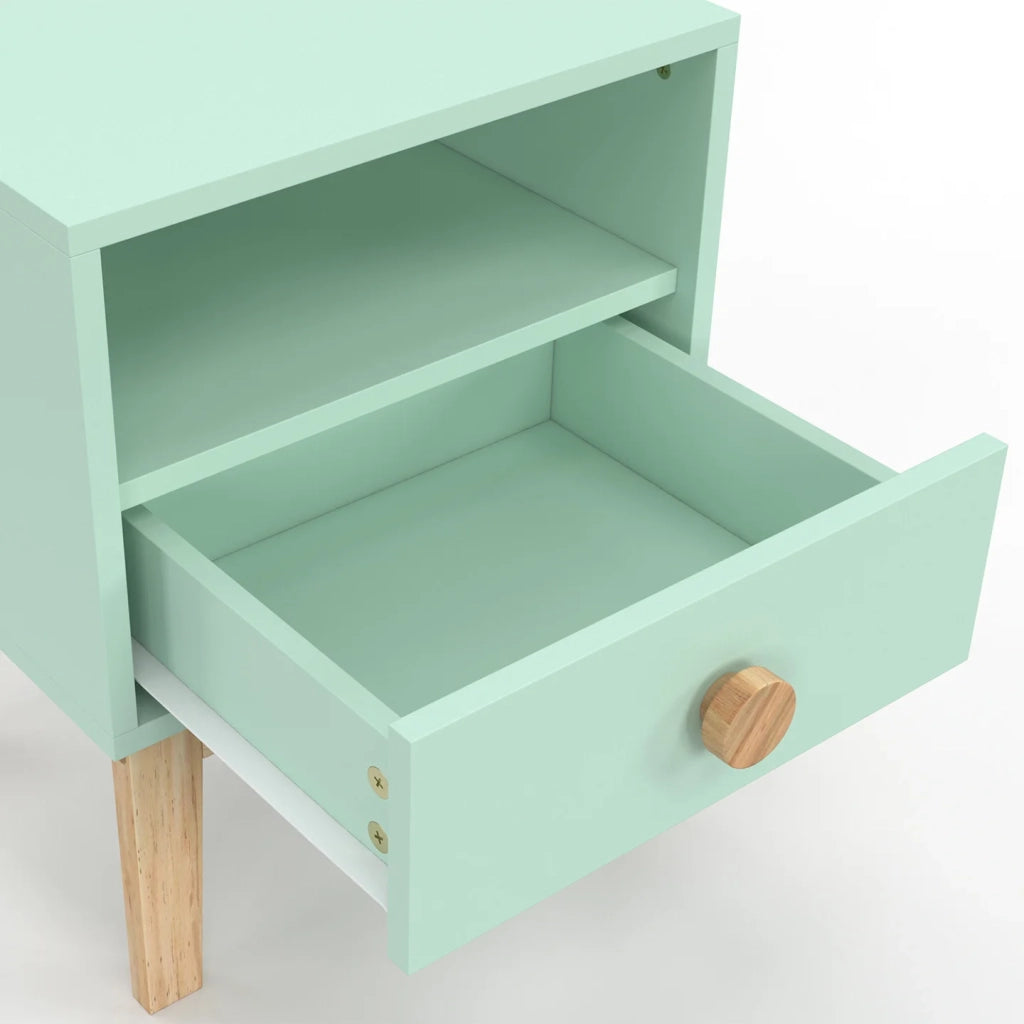 IDMarket - Comodino per bambini JACOB, 1 cassetto + 1 nicchia, verde acqua e legno