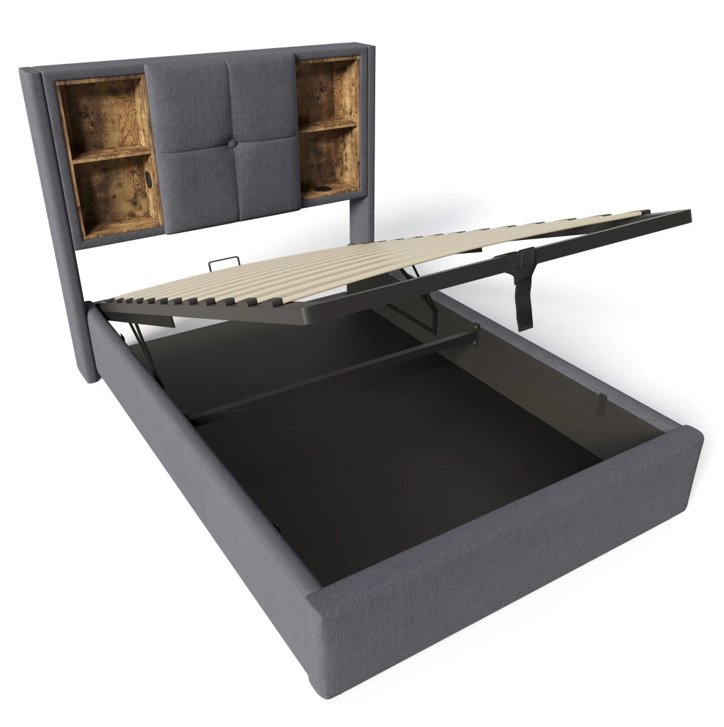 Letto singolo 90x200 cm con contenitore; ricarica wireless e porta USB C; cotone grigio