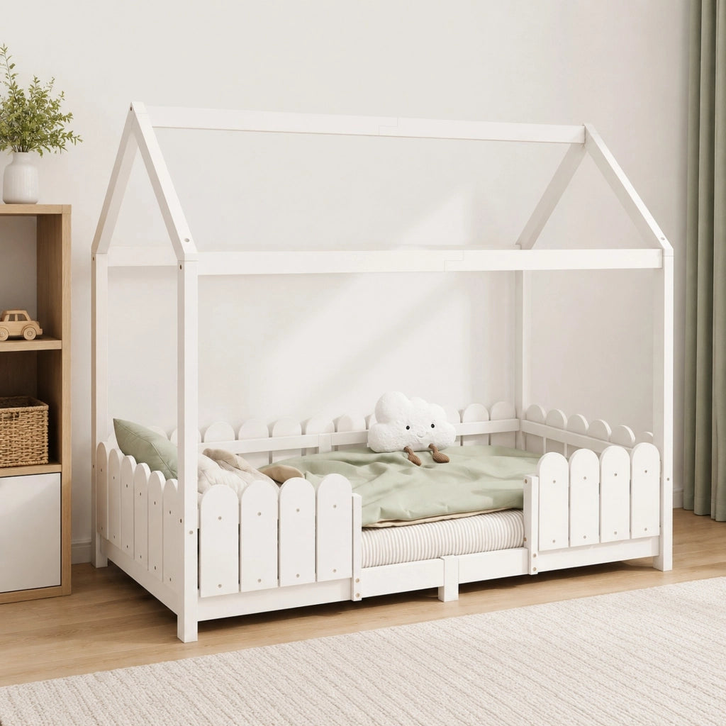 Letto a casetta per bambini 90x200 cm con sponde di sicurezza e rete a doghe; legno bianco