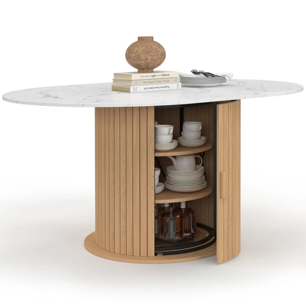 IDMarket - JULIETTE Tavolo da pranzo rotondo allungabile per 4-8 persone con gambe a doghe e piano effetto marmo bianco 110-150 cm