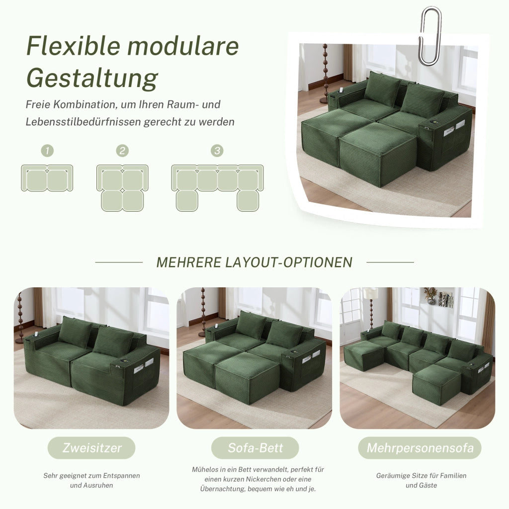 Divano modulare a 2 posti in tessuto effetto corda con portabicchieri e tasche laterali verde 188 × 162 × 75 cm