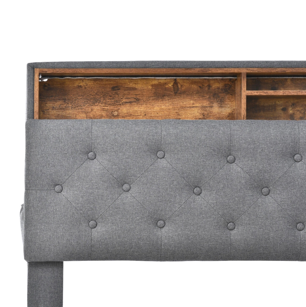 Letto matrimoniale imbottito 140x200 cm con testiera contenitore e LED; grigio