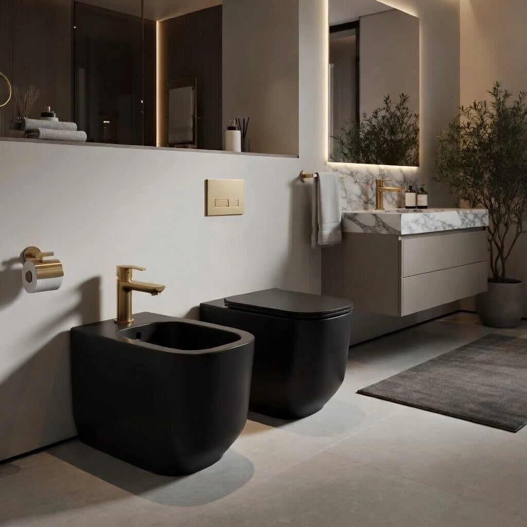 Sanitari filomuro WC e Bidet in Ceramica Copriwater soft-close Ceramiche Dolomite serie ALBA - Nero Opaco