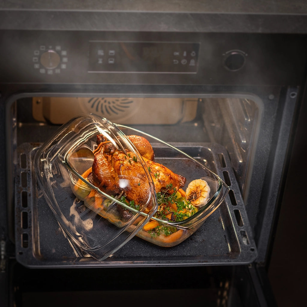 Teglia da forno rettangolare in vetro grande KADAX da 7 litri con coperchio