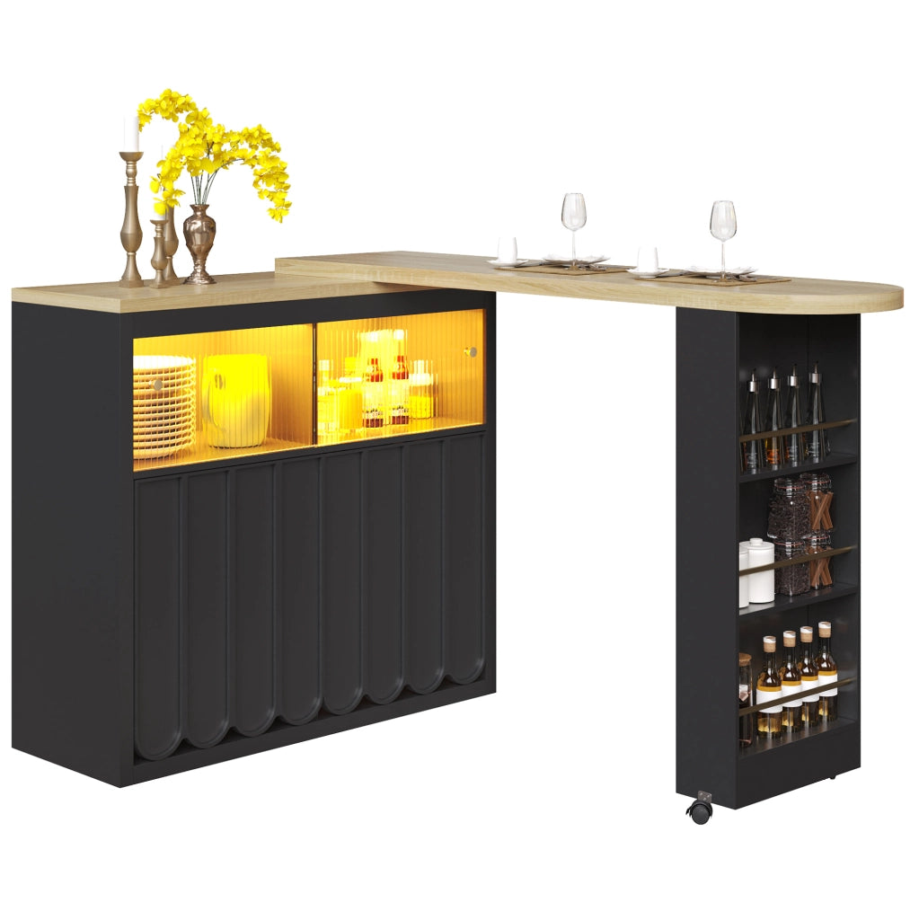 Tavolo bar 135-205x39x100 cm con ruote; LED e porta USB in MDF e vetro nero