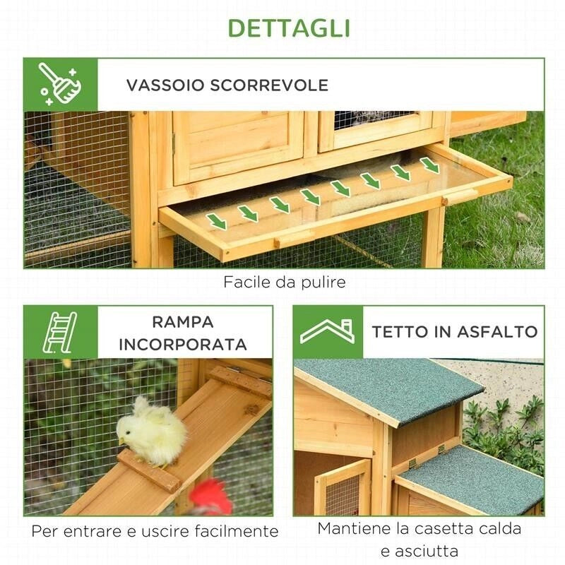 GABBIA PER GALLINE CON CASETTA E AREA APERTA, NIDO CON TETTO APRIBILE E RETE METALLICA, POLLAIO IN LEGNO GIALLO, 168X75X103CM