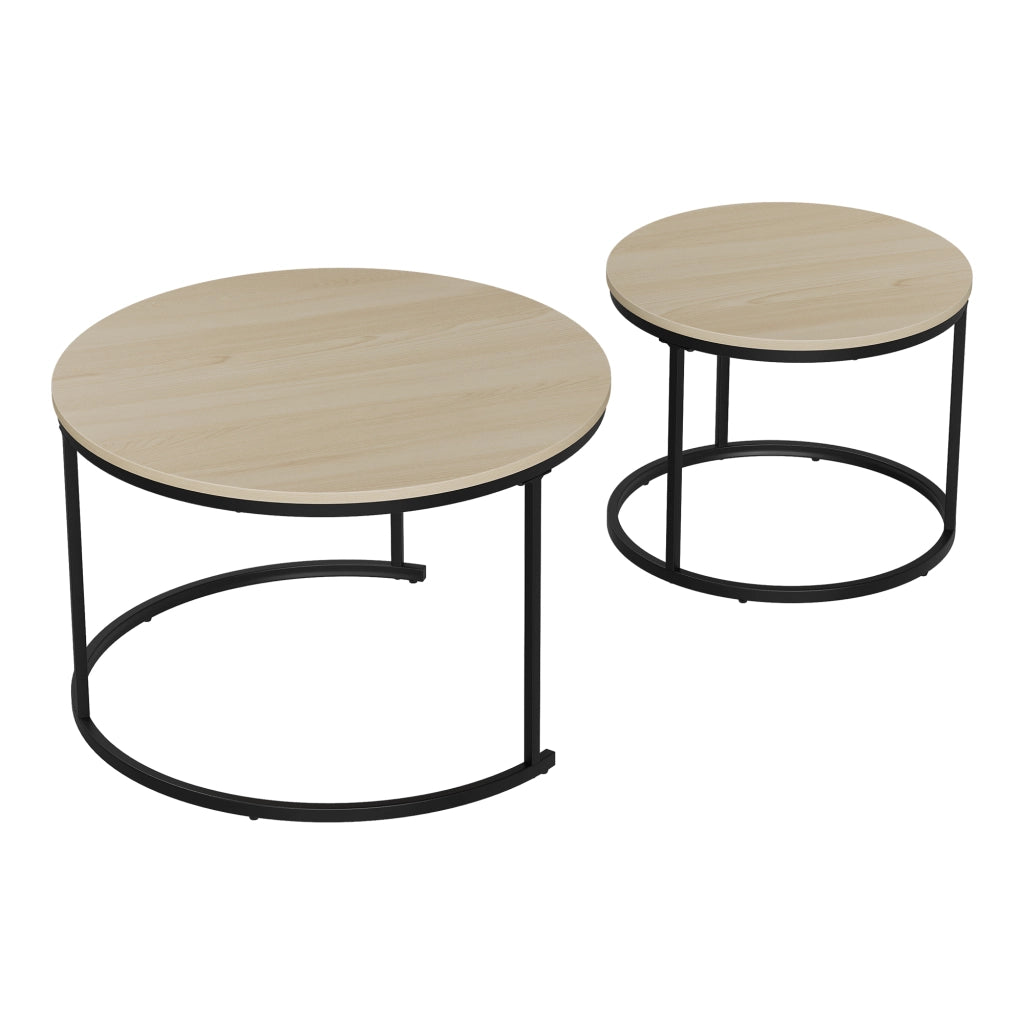 Set di 2 tavolini da salotto impilabili rotondi, effetto rovere, struttura in metallo, stile moderno