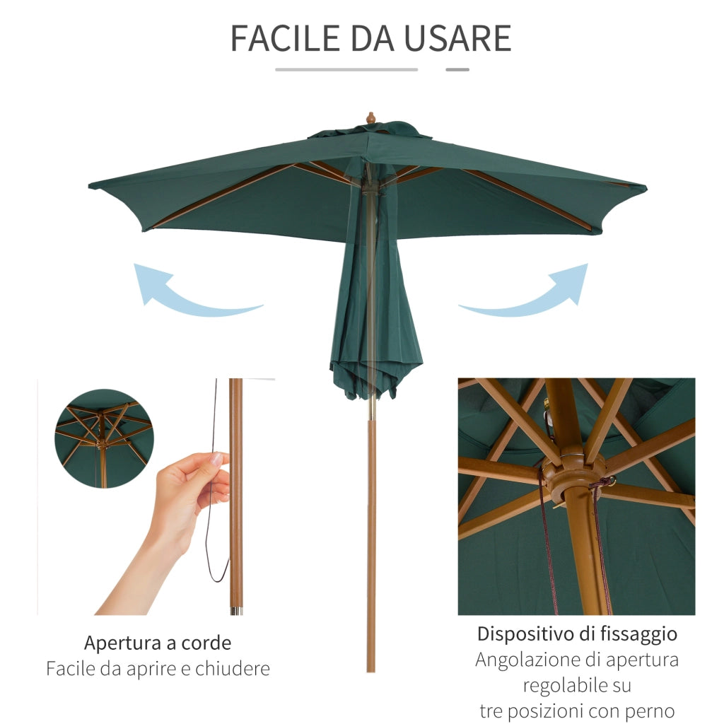 Ombrellone da Giardino 2.5x2.3m a 6 Stecche, in Legno e Poliestere, Verde Scuro