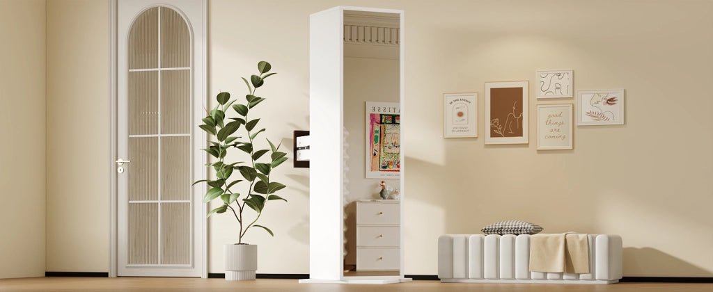 Armadio espositivo girevole con specchio a figura intera 45 x 45 x 168 cm, bianco, in MDF, con 4 vani aperti e 1 cassetto