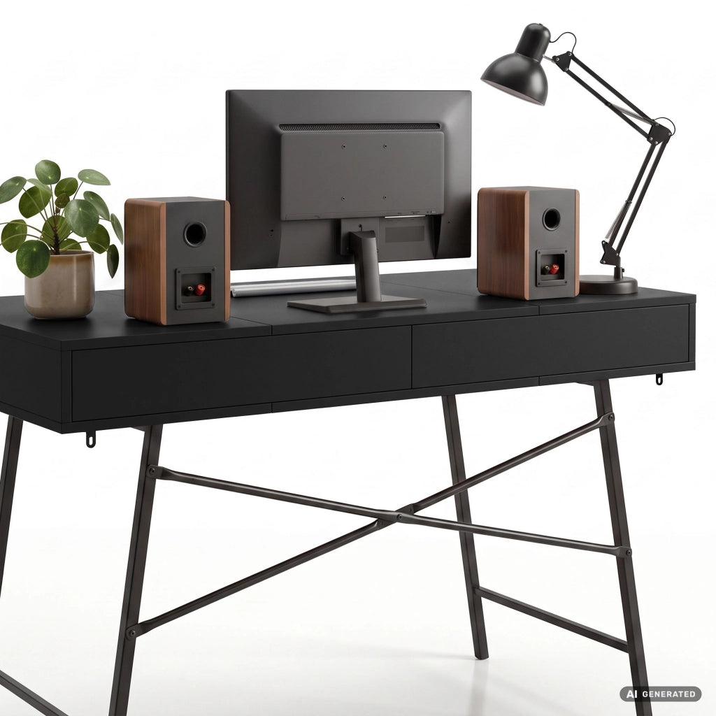 Scrivania industriale per computer Nera ARDEN 120 cm 2 cassetti 1 ripiano gambe nere