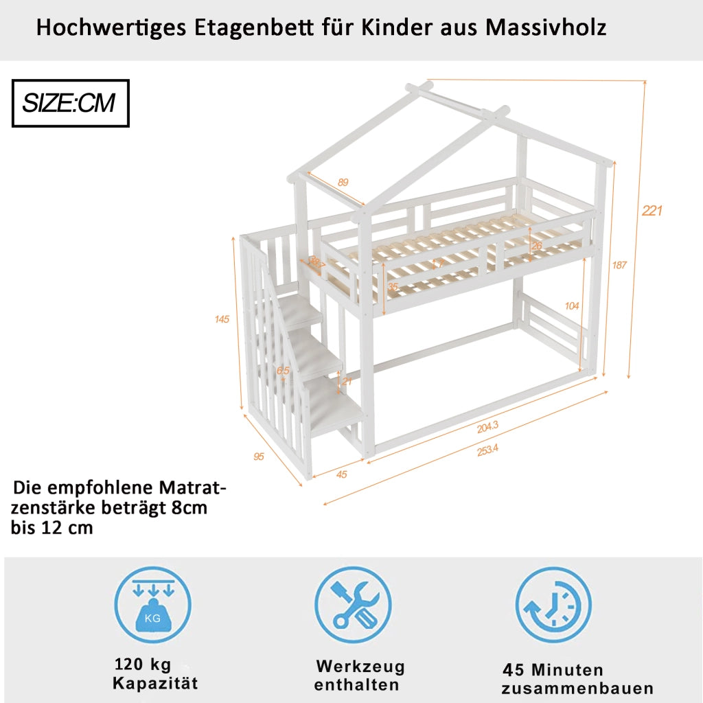 OKWISH Letto a castello 90×200 cm, Letto Singolo con Scala di Sicurezza, Scaffali Contenitori e Sponde, senza Materasso, Bianco