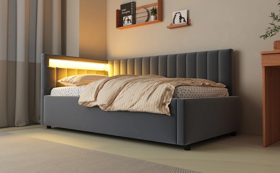 Divano letto imbottito in velluto con LED; contenitore idraulico e testiera reversibile; grigio; 90x200 cm; senza materasso