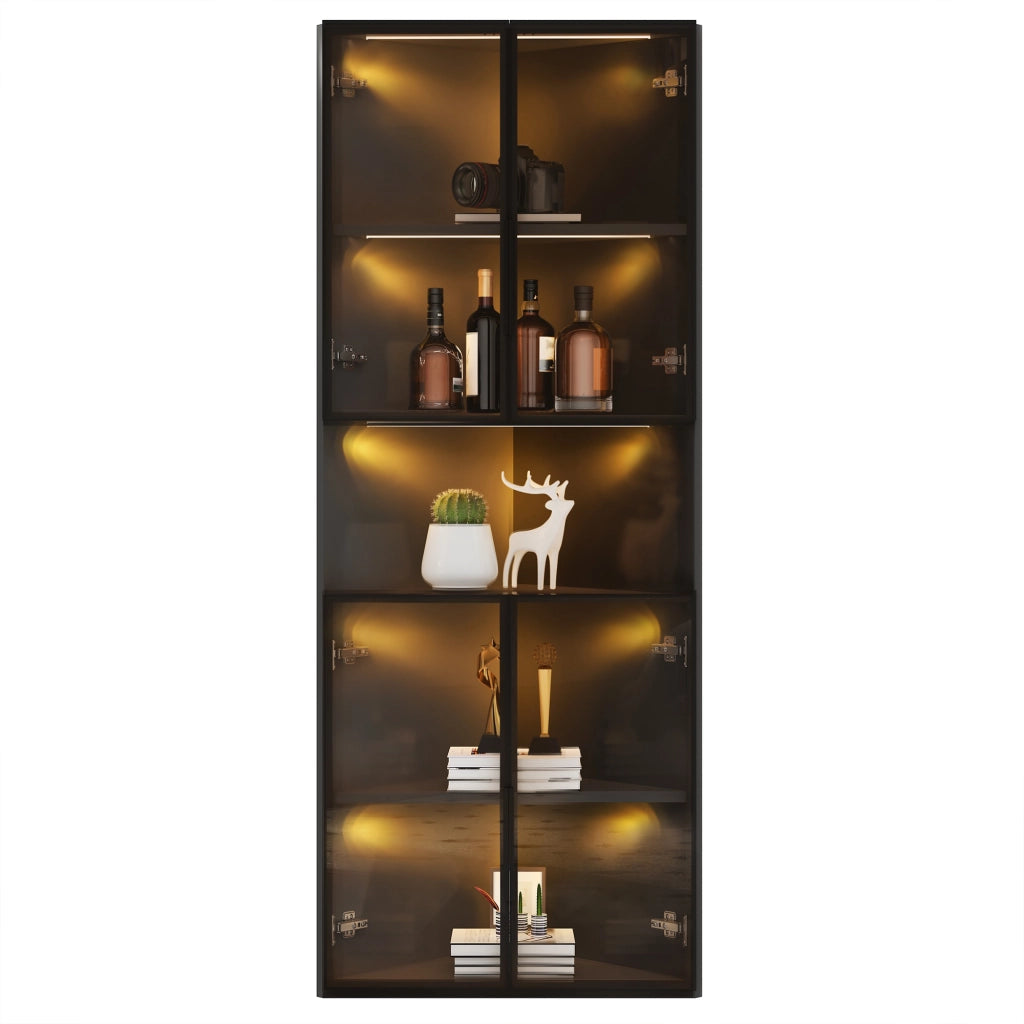 Vetrina angolare triangolare con LED e vano aperto con 2 ante in vetro per soggiorno in MDF nero 62 × 32 × 160 cm