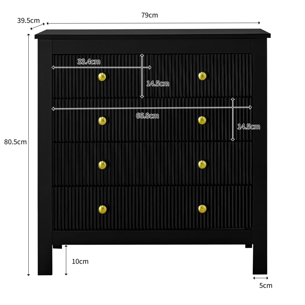Cassettiera con 5 cassetti; maniglie dorate e ante strutturate; 79x39;5x80;5 cm; nera