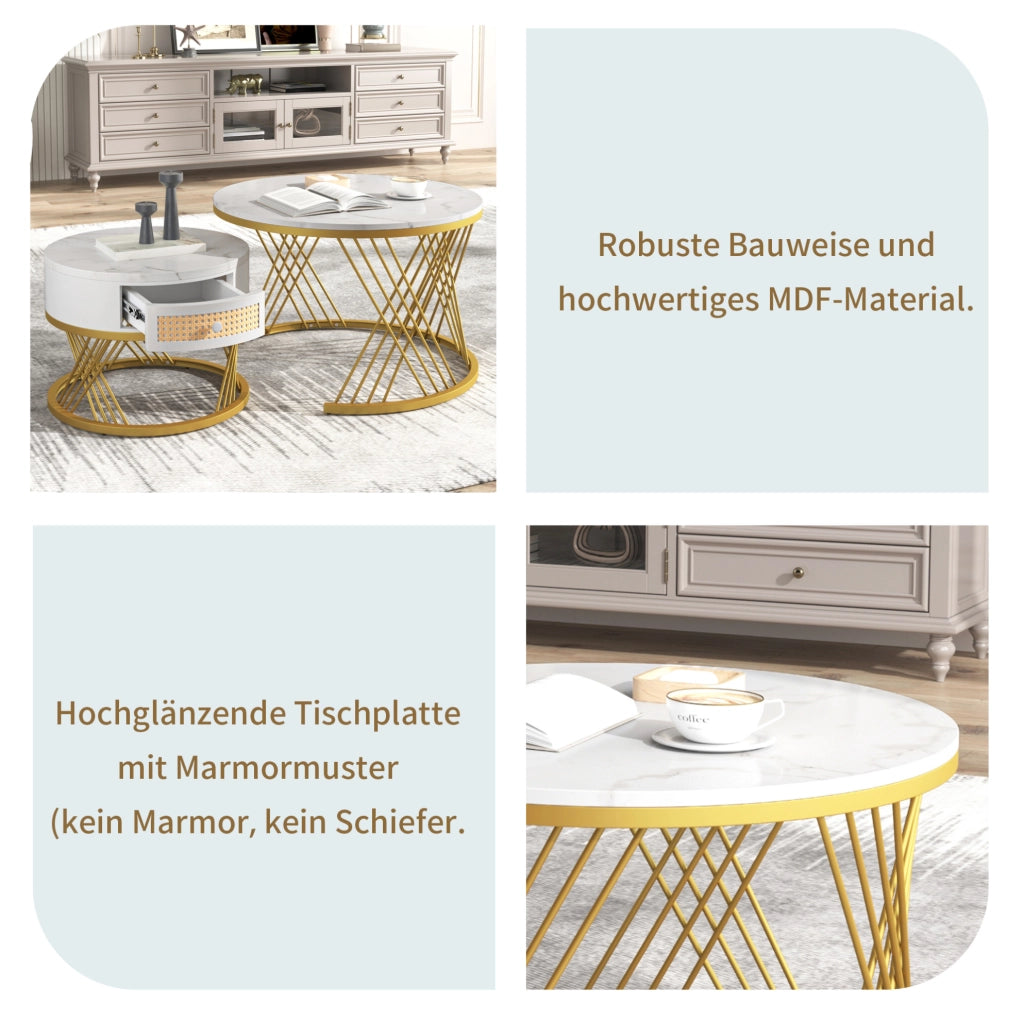 Set di tavolini rotondi 2 pezzi in MDF bianco e oro con cassetto