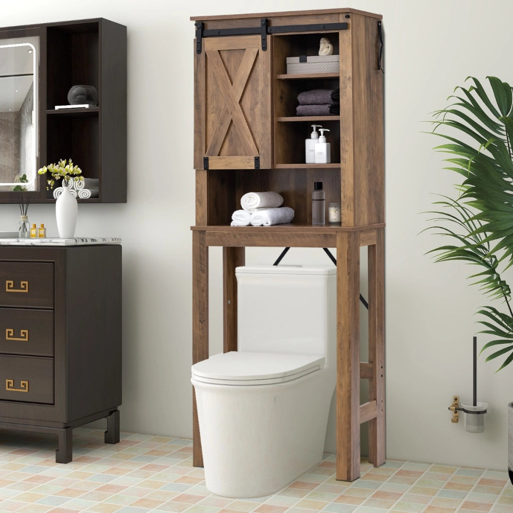 Armadietto di stoccaggio sopra la toilette, Scaffale indipendente per la toilette con ripiani regolabili Marrone