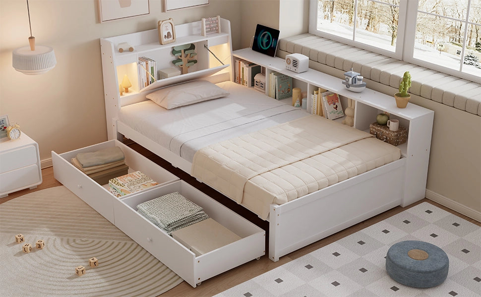 Letto singolo con funzione di illuminazione e contenimento in legno di pino e MDF 90x200 cm