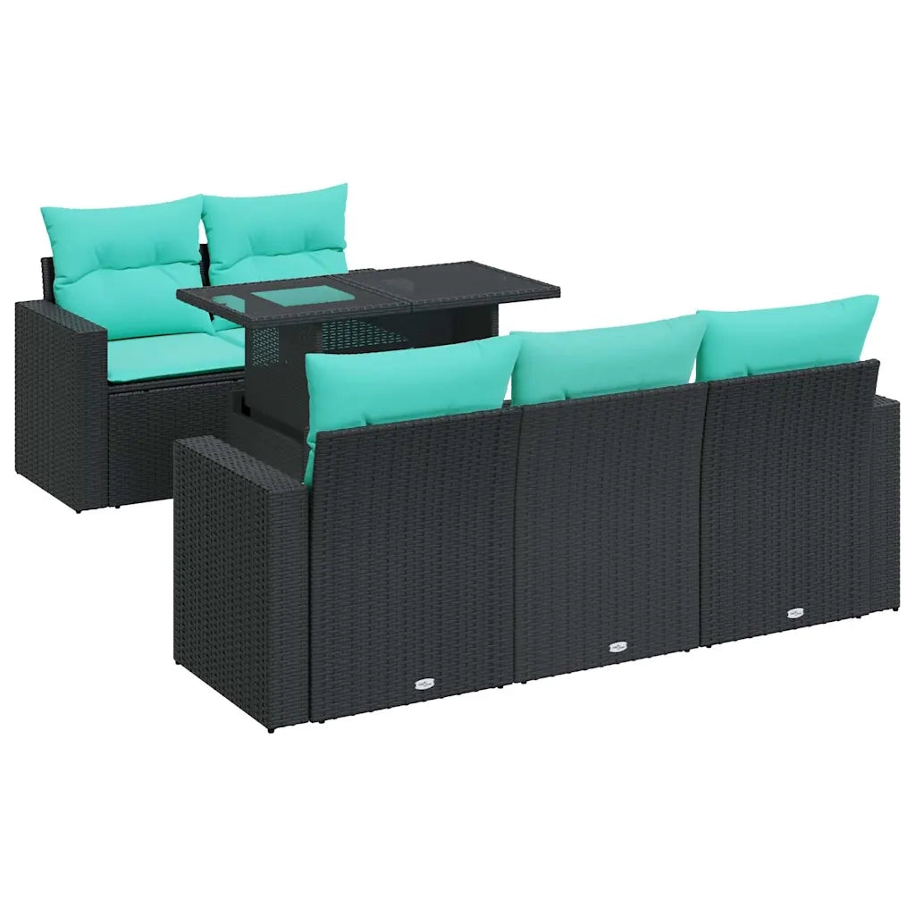 Set Divano da Giardino 6 pz con Cuscini Nero Polyrattan Acacia 3326248