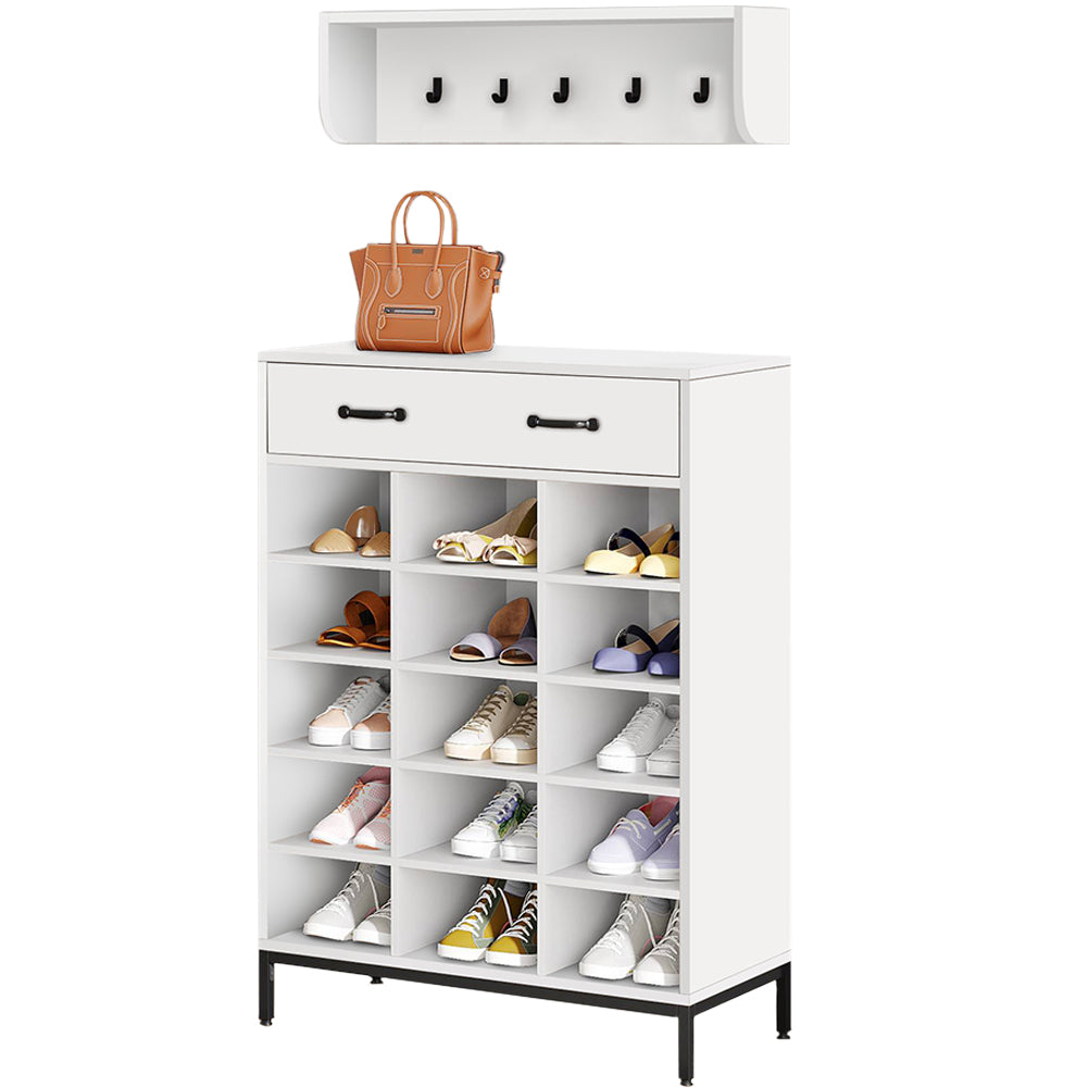 Mobile Ingresso con Scarpiera 15 Paia e Appendiabiti da Parete Bianco