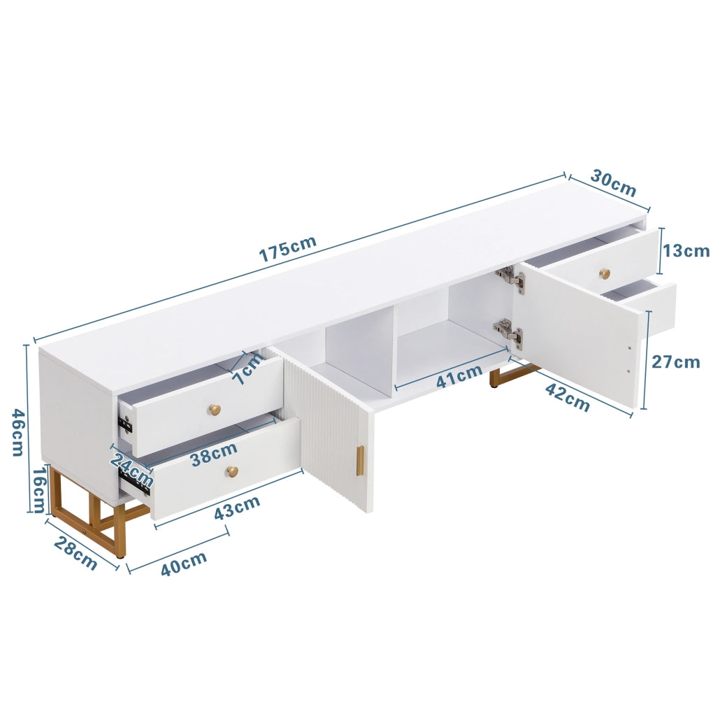 Mobile TV 175x30x46 cm bianco in MDF, 4 cassetti e 2 ante