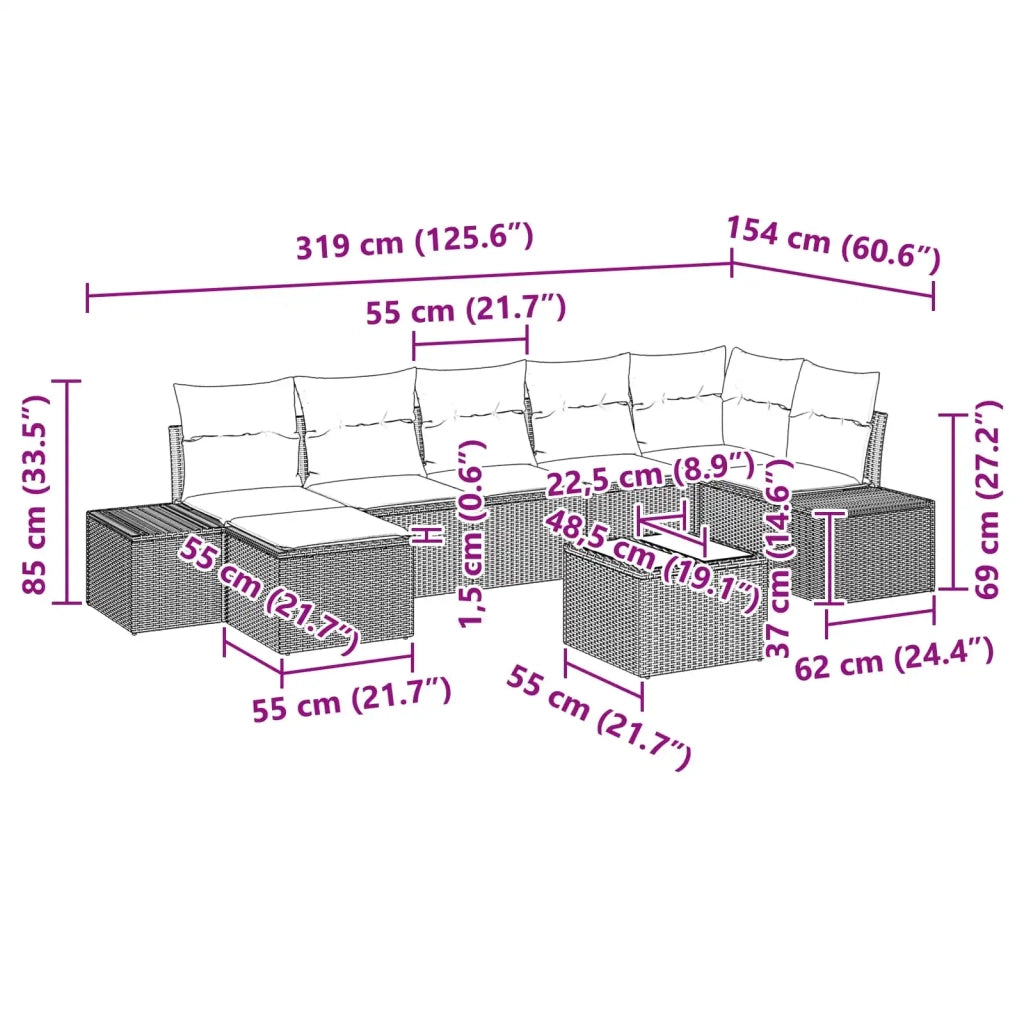 Set Divano da Giardino con cuscino 8 pcs Marrone polyrattan