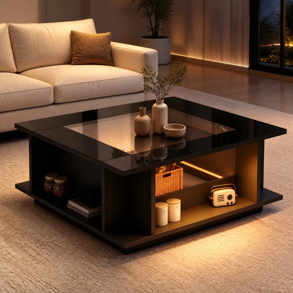 Tavolino basso con LED, piano in vetro e vani aperti, per soggiorno, in truciolare nero, 70 × 70 × 30 cm