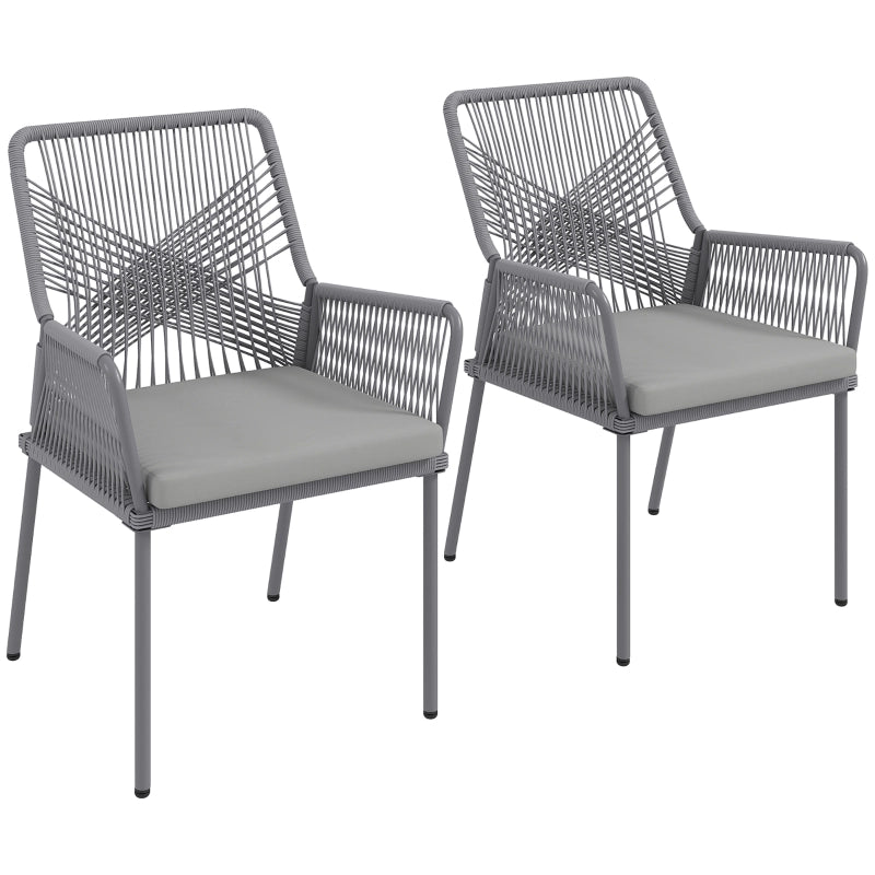 Lotto di 2 Sedie da Giardino; Schienale e Braccioli Ampi; Cuscini Sfoderabili; per Balcone e Terrazza; Rattan; Grigio Scuro