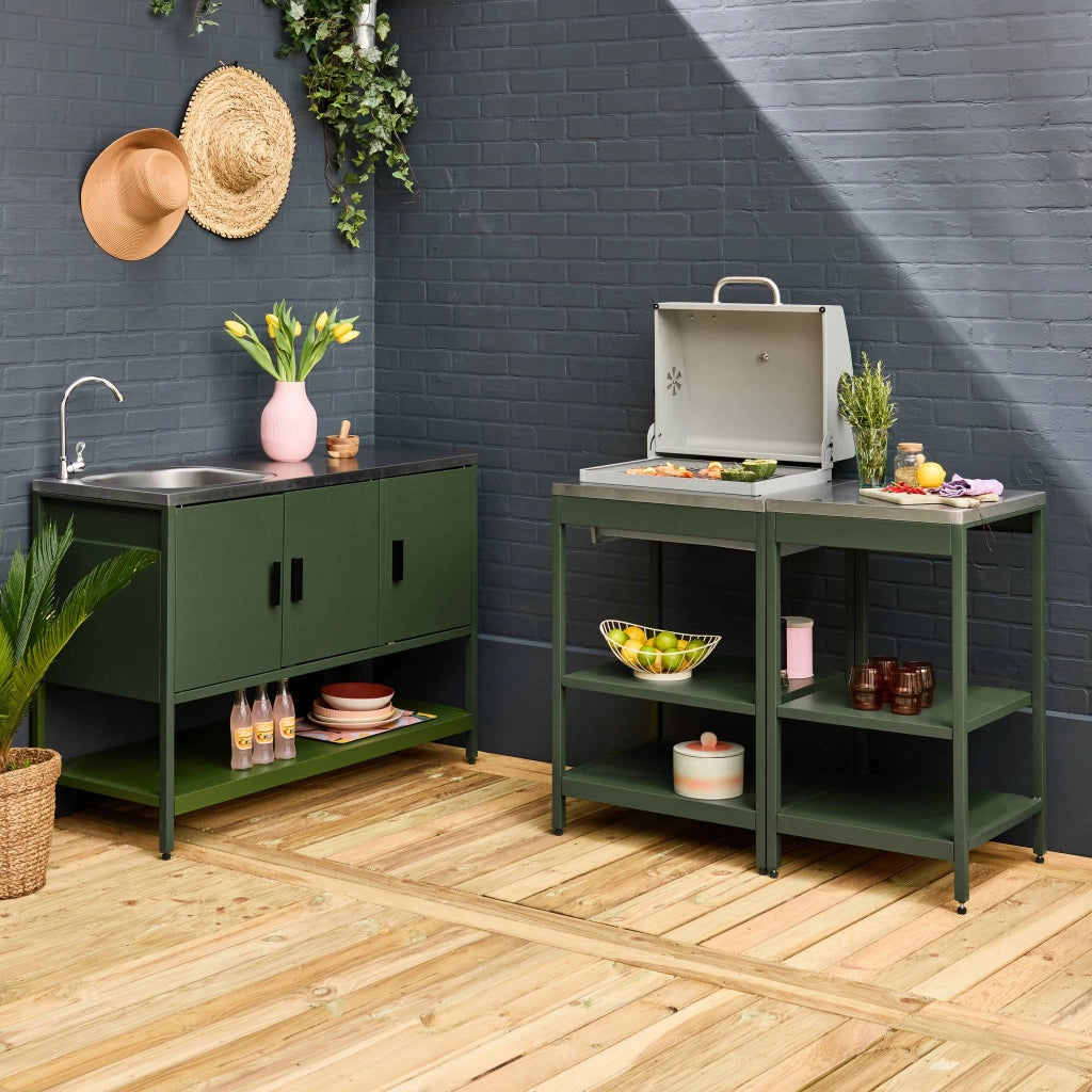 Cucina da esterno, 3 moduli e barbecue a carbone, verde