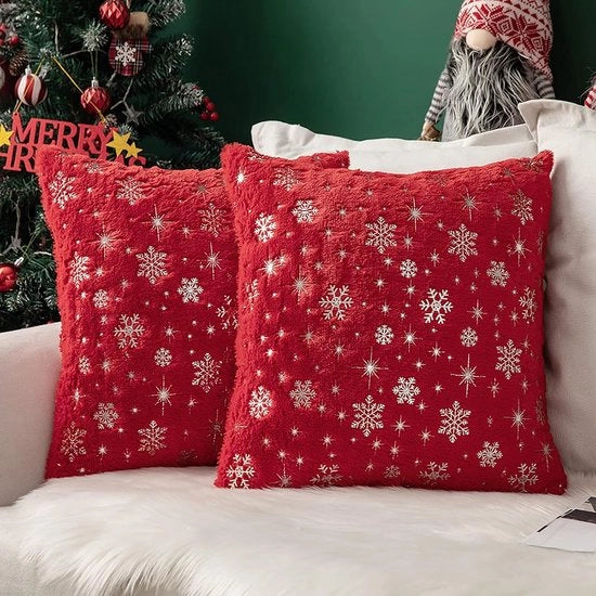 Set di 2 cuscini di Natale - 45x45 cm - cuscini rossi con fiocchi di neve - decorazione morbida per divano e salotto
