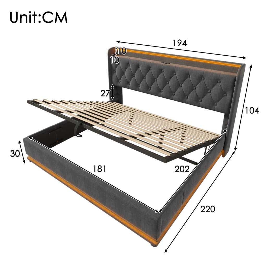 Letto imbottito 180x200 cm grigio in lino con LED; testiera con USB e vano contenitore idraulico