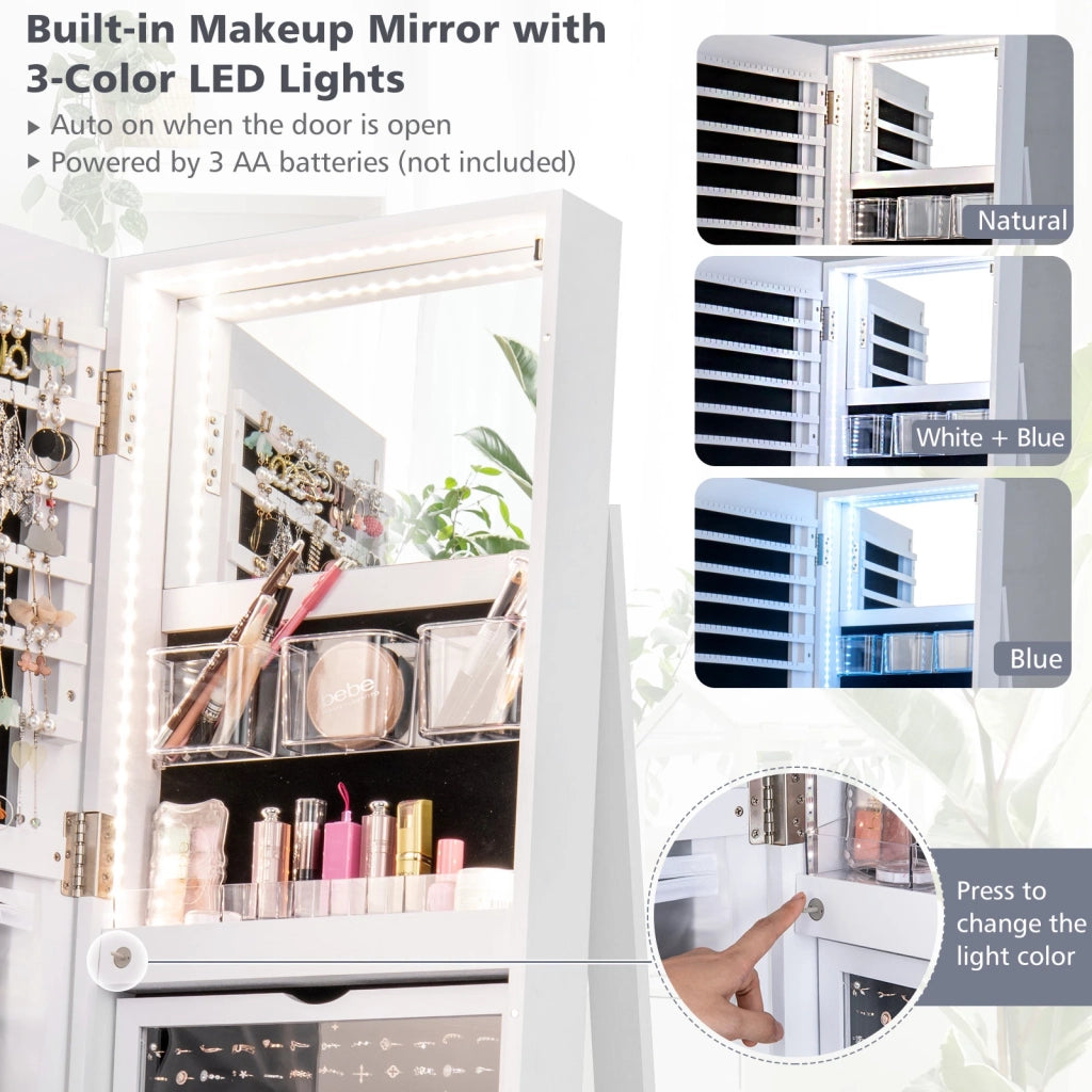 360° Rotating Mirrored Jewelry Cabinet Armoire 3 Color LED Modes Lockable-White