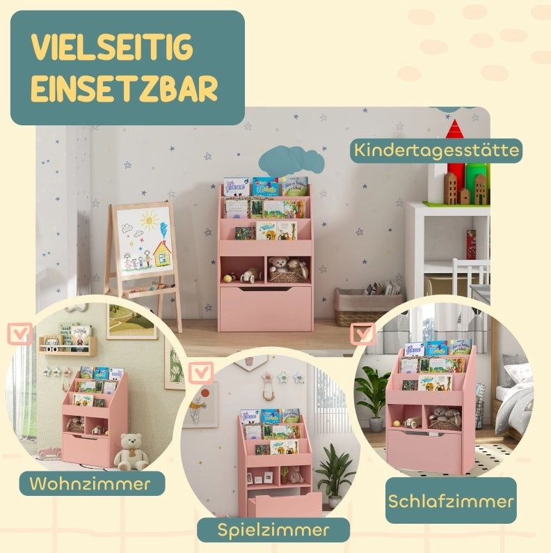 Libreria per bambini rosa con cassetto e ripiani 60 x 29,9 x 90 cm