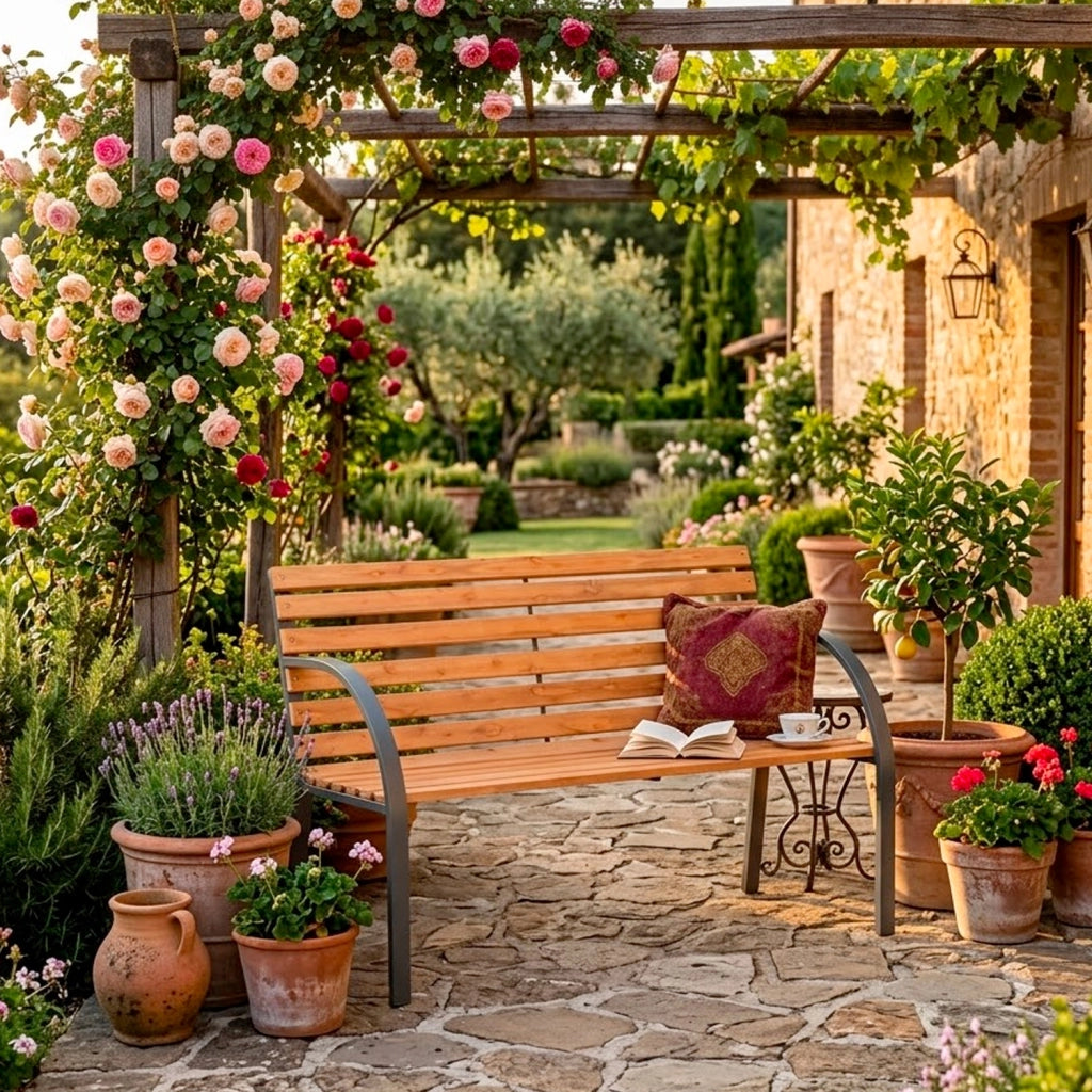 Panchina Da Giardino 2 Posti In Legno Di Abete E Acciaio Verniciato Panca Da Esterno Design Moderno Resistente Con Braccioli Comoda Per Terrazzo Balcone E Giardino 119.5 x 62 x 83 Cm