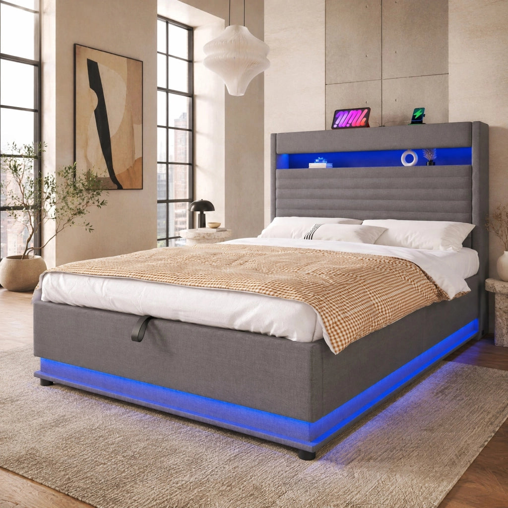 Letto matrimoniale contenitore 140x200 cm in lino grigio con LED; USB e USB-C
