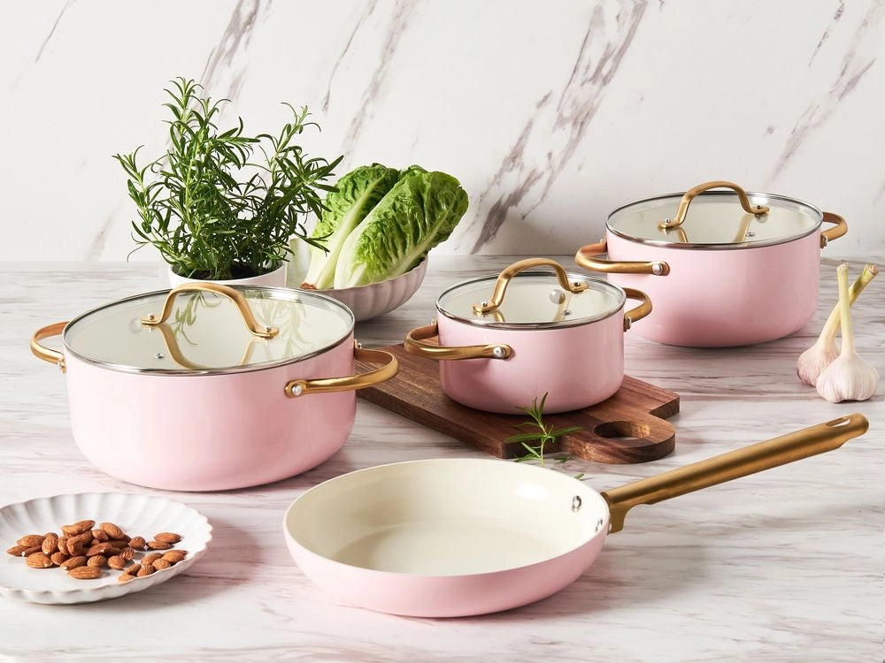 Set da cucina 7 pezzi e dimensioni con rivestimento in ceramica antiaderente in alluminio rosa
