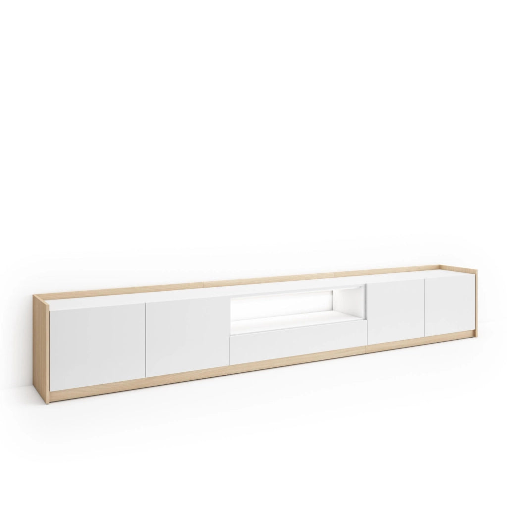 Mobile TV Soggiorno, 310x50x37 cm, Per TV fino a 80", LED, Bianco e Rovere soft