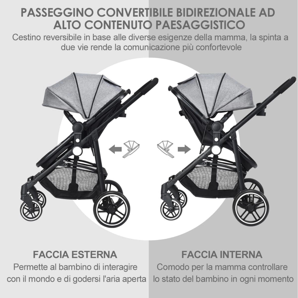 2 in 1 Passeggino per Bambini, Passeggino Pieghevole con Sedile Reversibile, Schienale Regolabile, Passeggino Leggero con Cintura di Sicurezza, Copertura, per Bambini 0-3 Anni (Grigio)