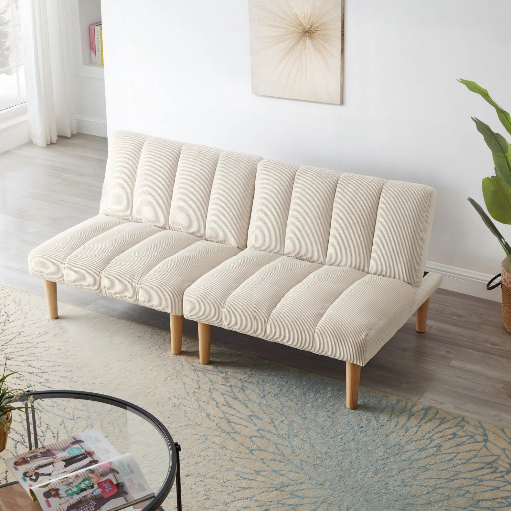 Divano letto a 2 posti con schienale regolabile in 3 posizioni e funzione letto in velluto a coste beige per casa