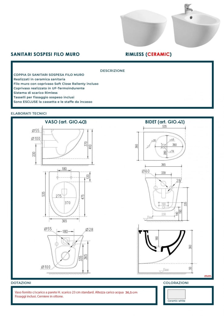 Coppia di sanitari wc e bidet sospesi ceramica SICENA MOON