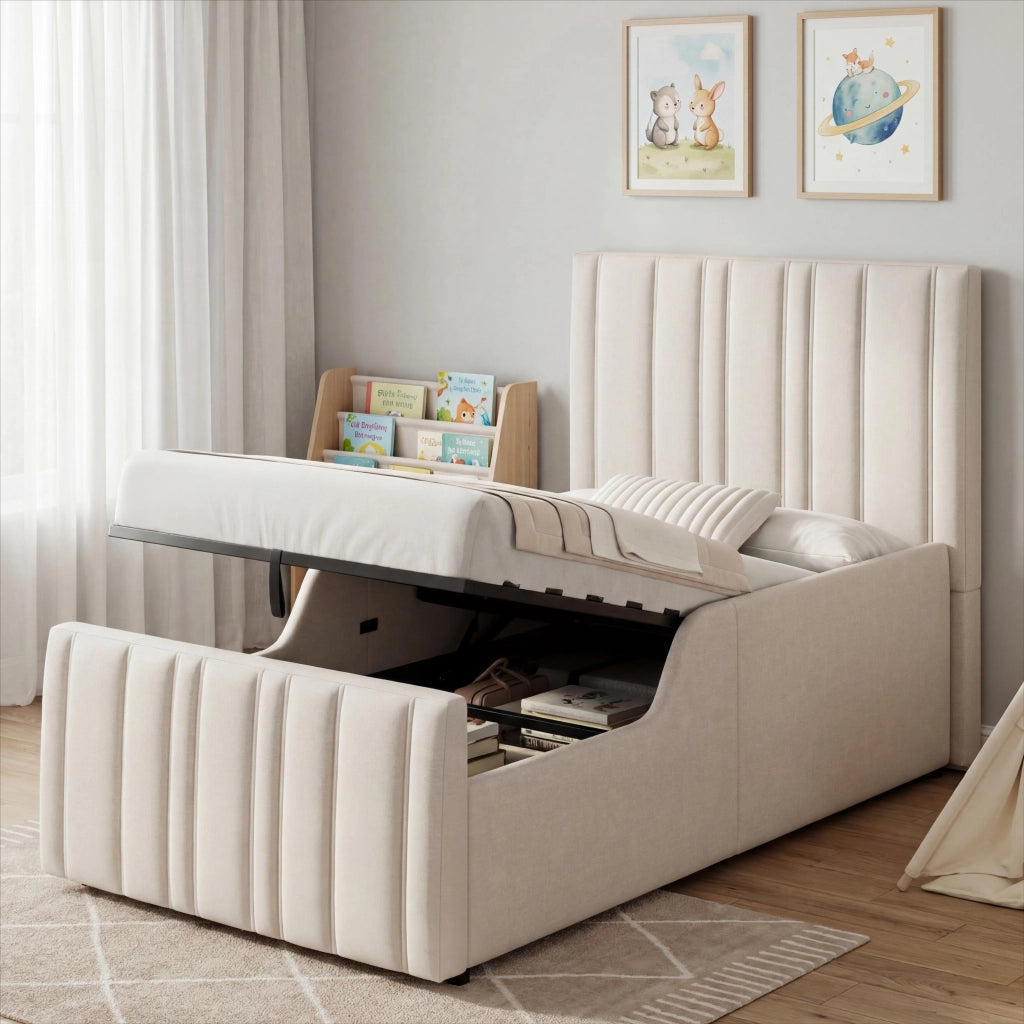 Letto per bambini 90 x 200 cm, con contenitore, testiera imbottita, tessuto di lino, beige