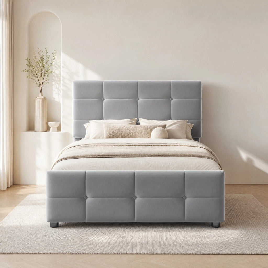 Letto imbottito per bambini 90x200 cm con contenitore idraulico; testiera regolabile; velluto grigio