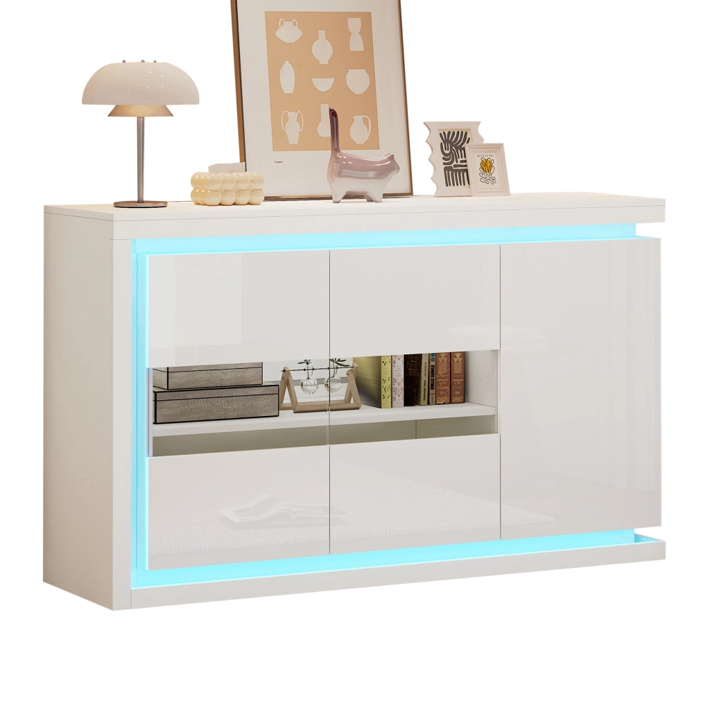 Credenza con LED e 3 ante in truciolare con 2 ante in vetro temperato, per soggiorno e ufficio, bianca, 140 × 40 × 84 cm