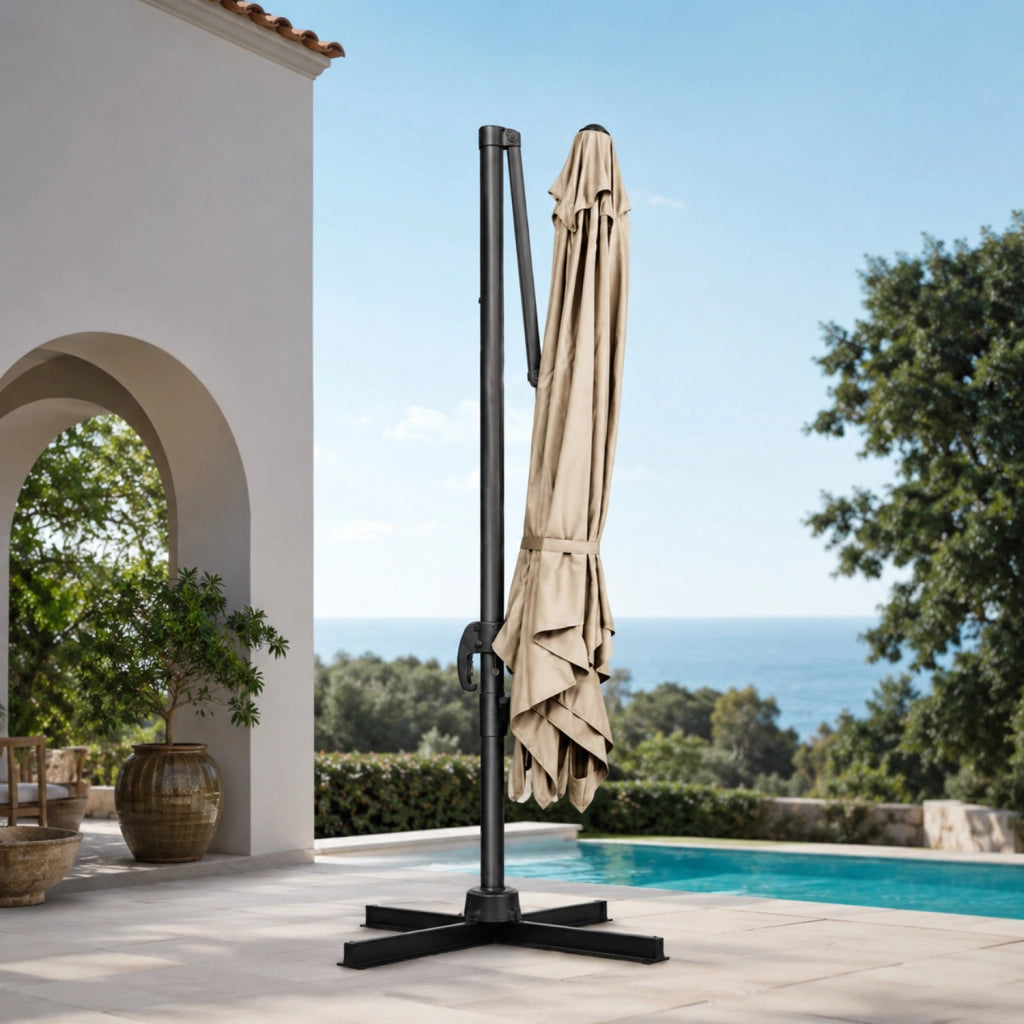 Ombrellone A Braccio Laterale In Acciaio Con Base A Croce Copertura Quadrata In Poliestere Ideale Per Terrazza Giardino Patio Zona Relax Piscina E Outdoor 300 x 300 x 273 Cm Tortora