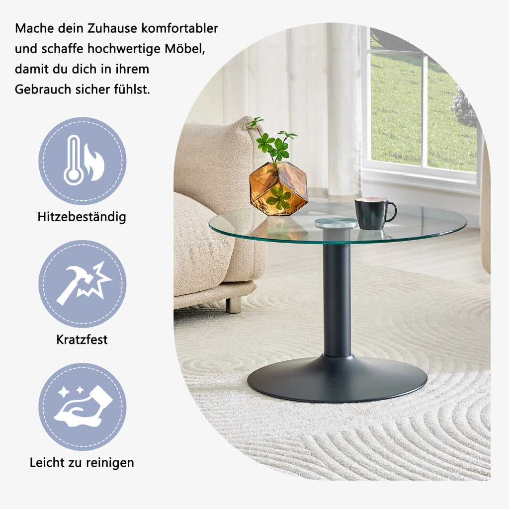 Tavolino basso rotondo moderno in vetro temperato e metallo con base stabile, per soggiorno, nero, 70 × 45 cm