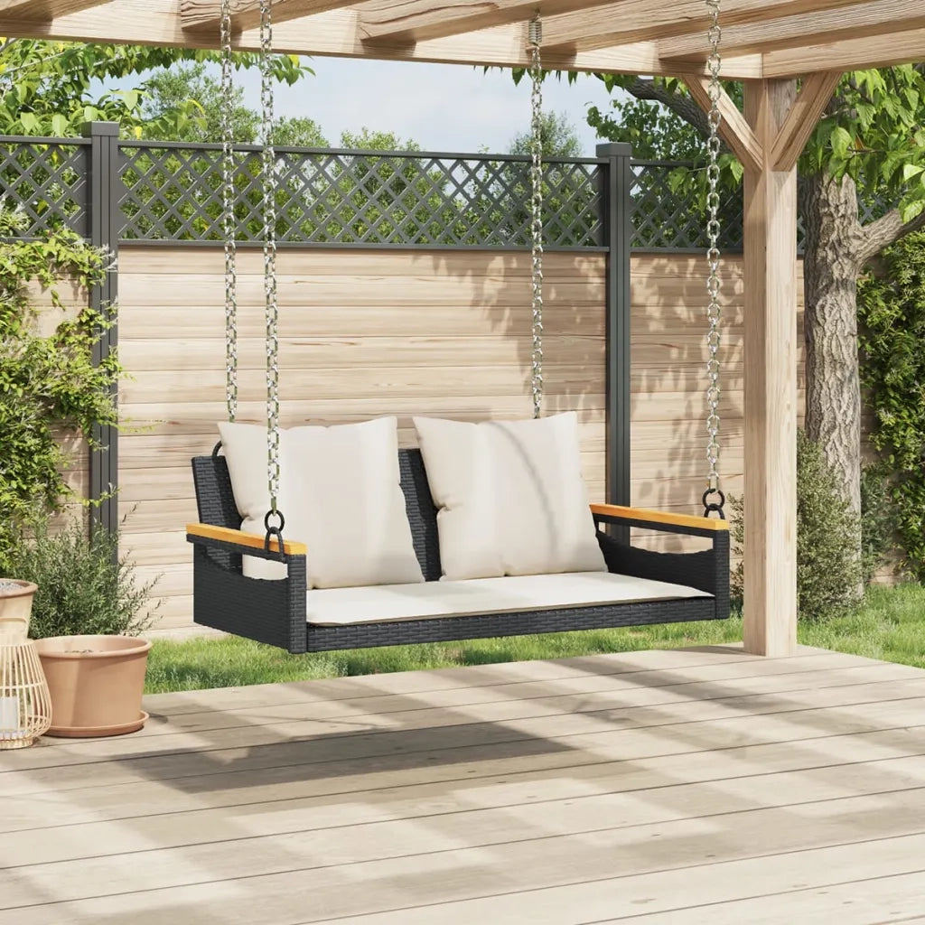 Panca da Giardino | Panchina a Dondolo con Cuscini Nera 109x62x40 cm in Polyrattan