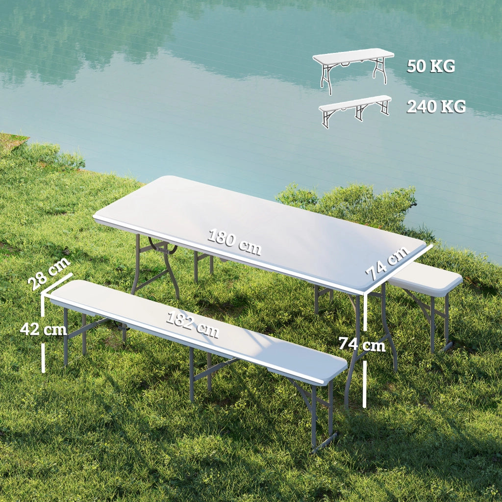 Set da Pic Nic Pieghevole 3 Pezzi con Tavolo e 2 Panche ¨C Zephmum ¨C HDPE, Metallo, Bianco e Grigio Chiaro