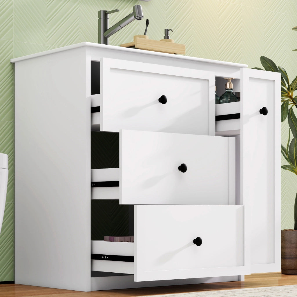 Mobile sottolavabo con 4 cassetti e lavabo in ceramica, per bagno, in MDF e ceramica, bianco, 76 × 46 × 82 cm