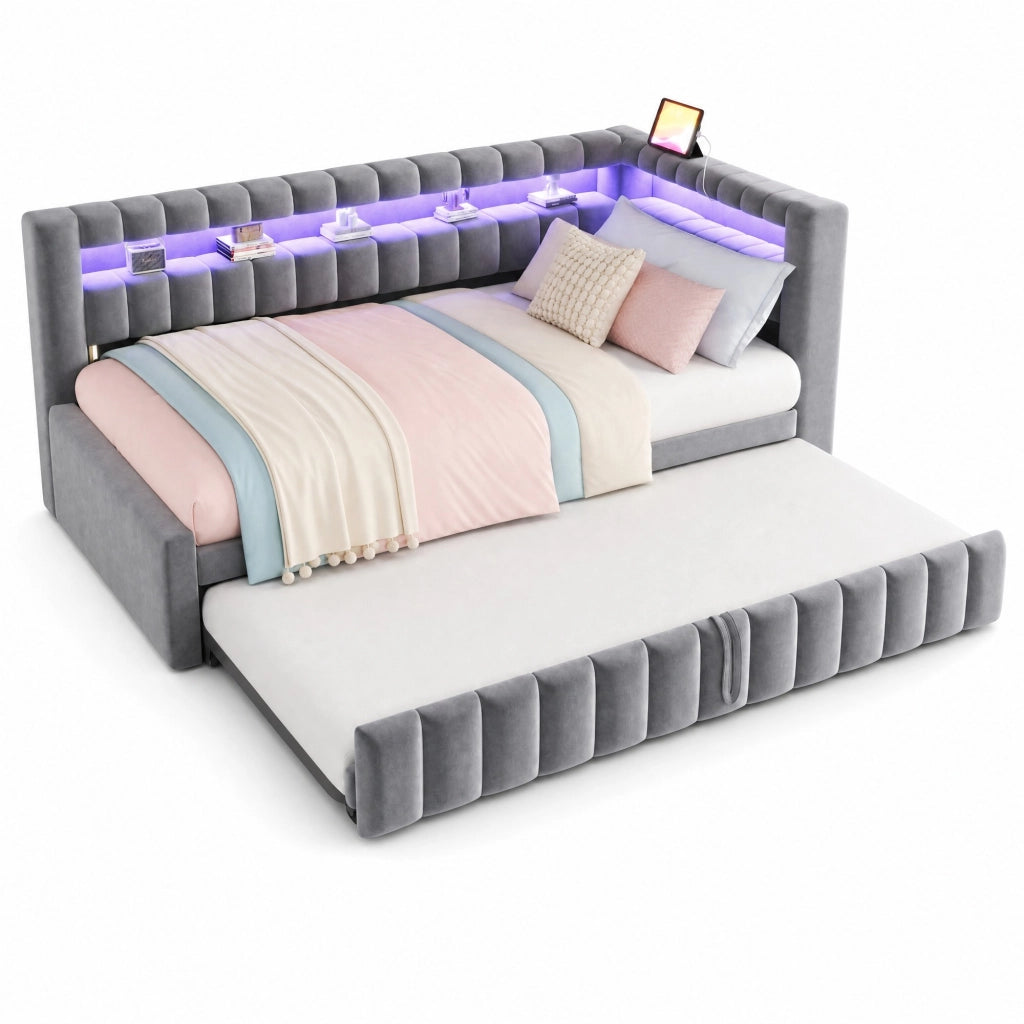 Letto a Divanetto Estraibile 90x200 cm; USB; Type-C; LED e Mensole - in Velluto Grigio